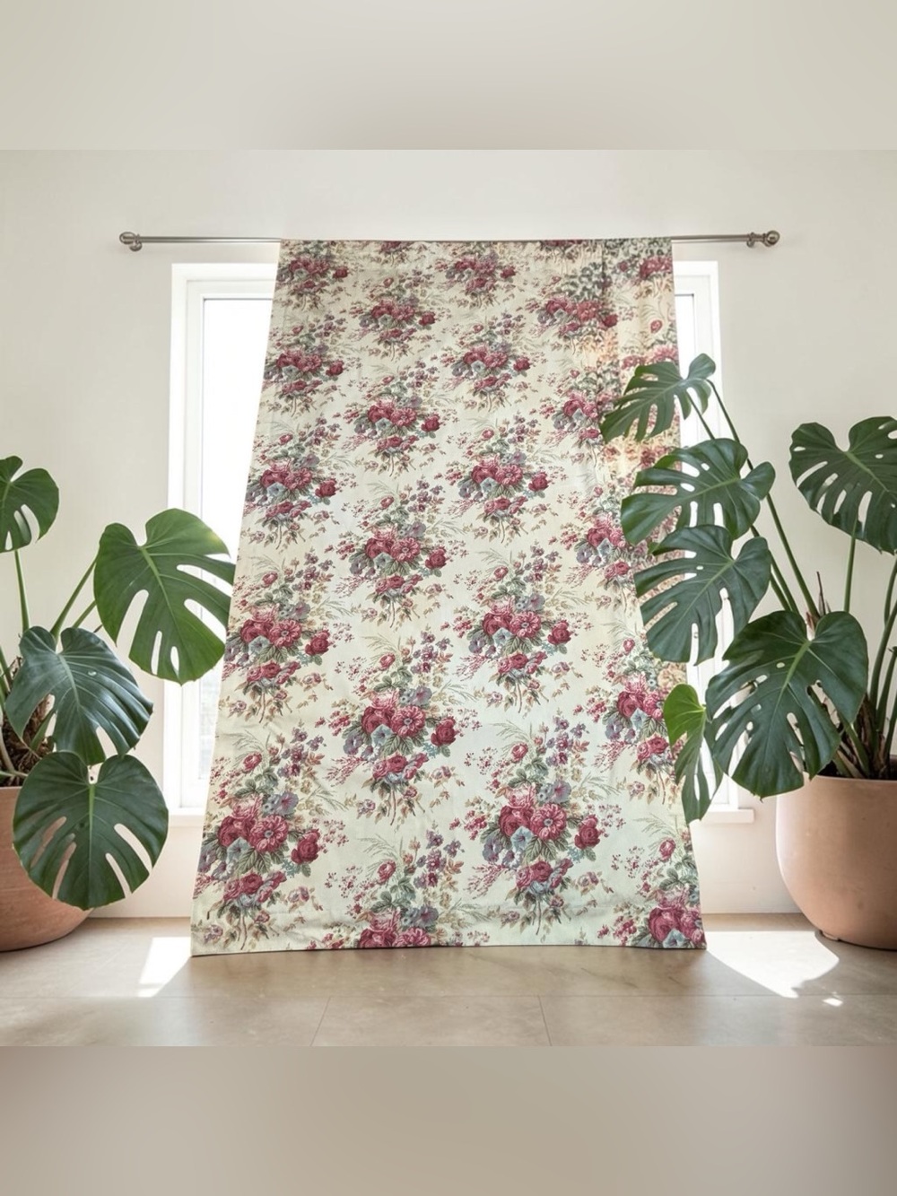 Vint Springmaid Floral Curtain Panel Repeating Botanical Rose Pink Blue Flowers